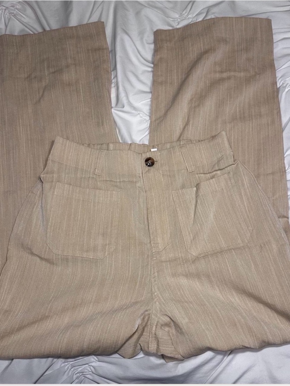 HALARA Beige High-Waist Wide-Leg Pants with Front Patch Pockets